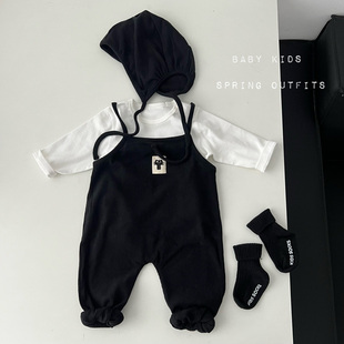 男女宝宝黑色吊带连体衣帽子新生儿爬服 婴幼儿背带裤 ins韩版 春季