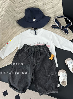 男宝宝秋款可爱恐龙牛仔裤婴幼儿童春秋黑色宽松洋气休闲潮流裤子
