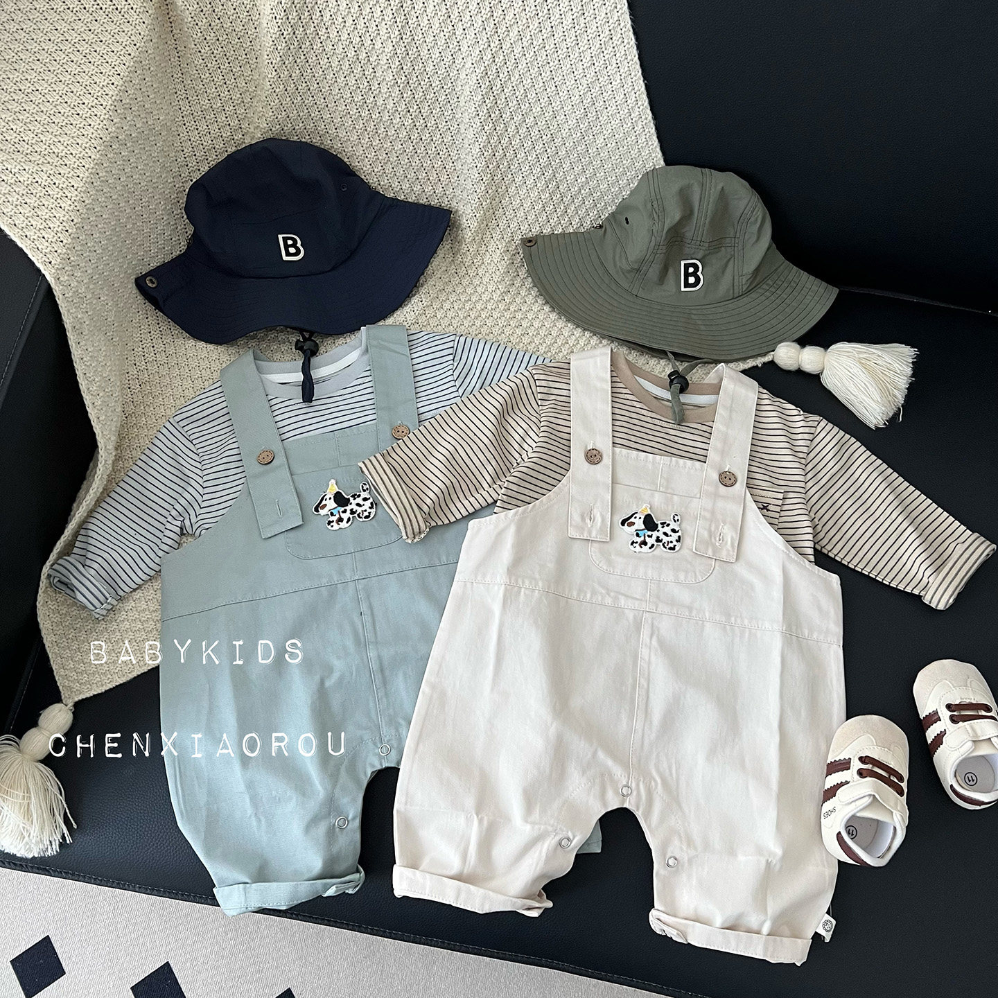 ins春秋男女宝宝中性款开档背带连体衣婴幼儿童洋气爬服百搭裤子
