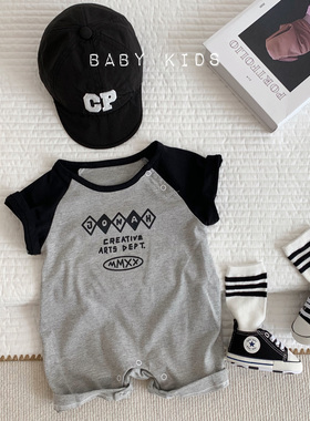 ins2023宝宝夏装短袖套头连体衣婴幼儿潮范灰色外出T恤短爬服哈衣