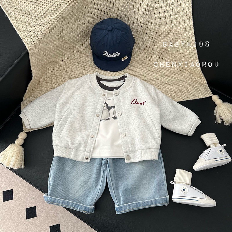 男宝宝春装衣服婴幼儿童春季浅灰色帅气棒球服外套外出洋气夹克潮