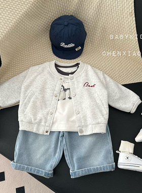 男宝宝春装衣服婴幼儿童春季浅灰色帅气棒球服外套外出洋气夹克潮