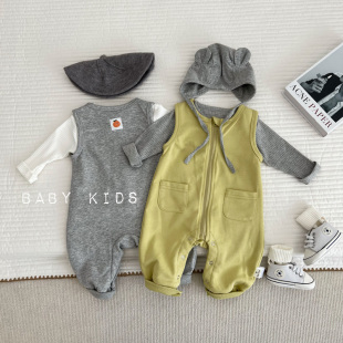 ins春秋男女宝宝无袖全开扣连体衣婴儿灰色外穿哈衣爬服小孩衣服