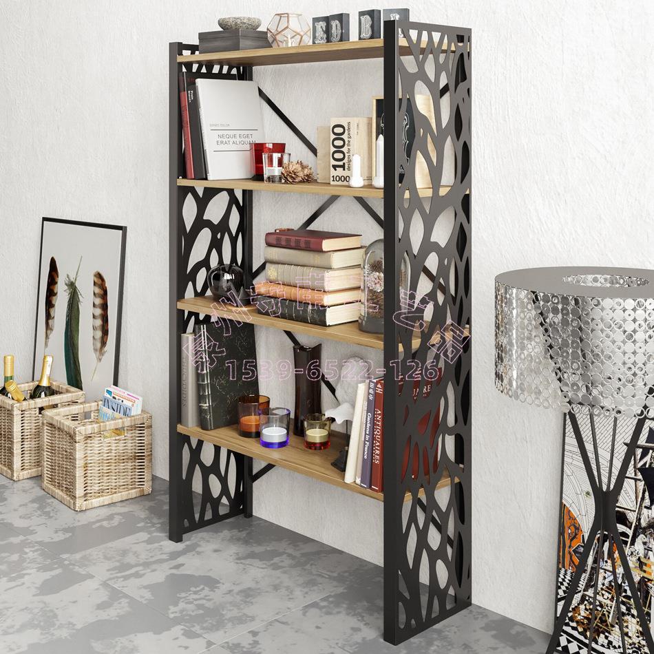 室内创意4层铁木书架,侧面镂空图案装饰,背面X形交叉横杆加固
