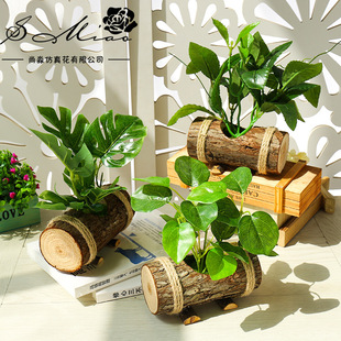 假花创意小摆件木盆仿真绿植盆景家居用品厂家直供丝印叶子仿真花