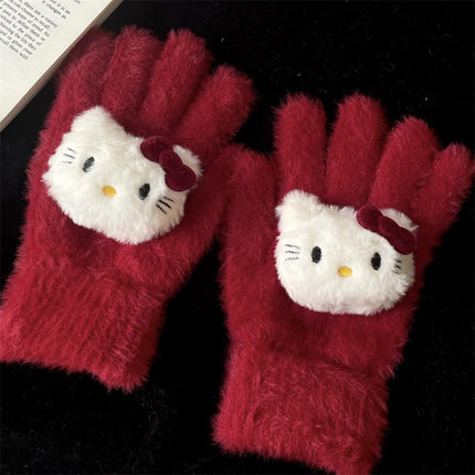 希达红HelloKitty手套兔毛保暖防寒骑车防冻kt猫冬季毛茸茸新年
