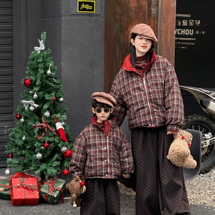 亲子装冬装母子母女时尚外套棉衣两面穿新年红色系格纹保暖棉袄潮