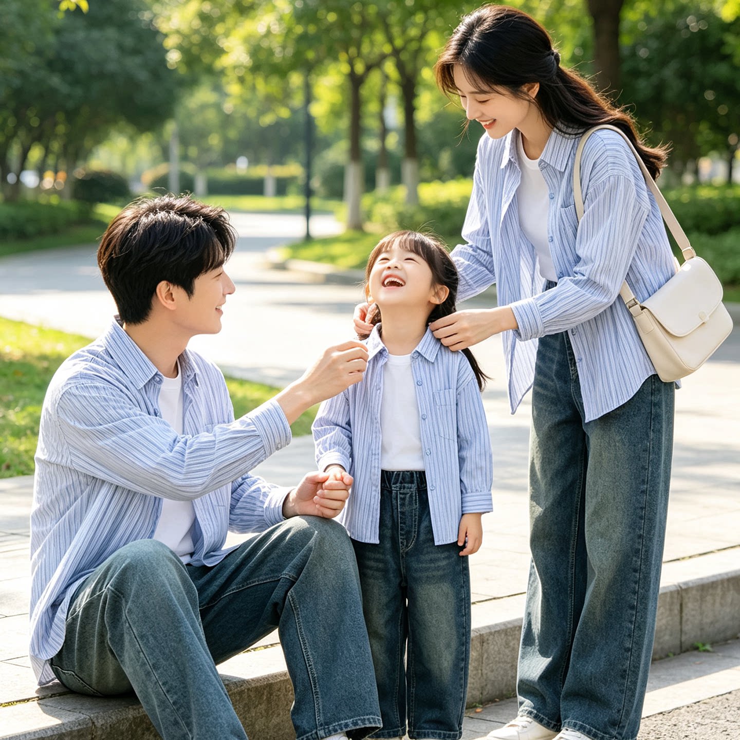 亲子装春秋装一家三四口家庭装母子母女装儿童百搭条纹衬衫衬衣潮图片