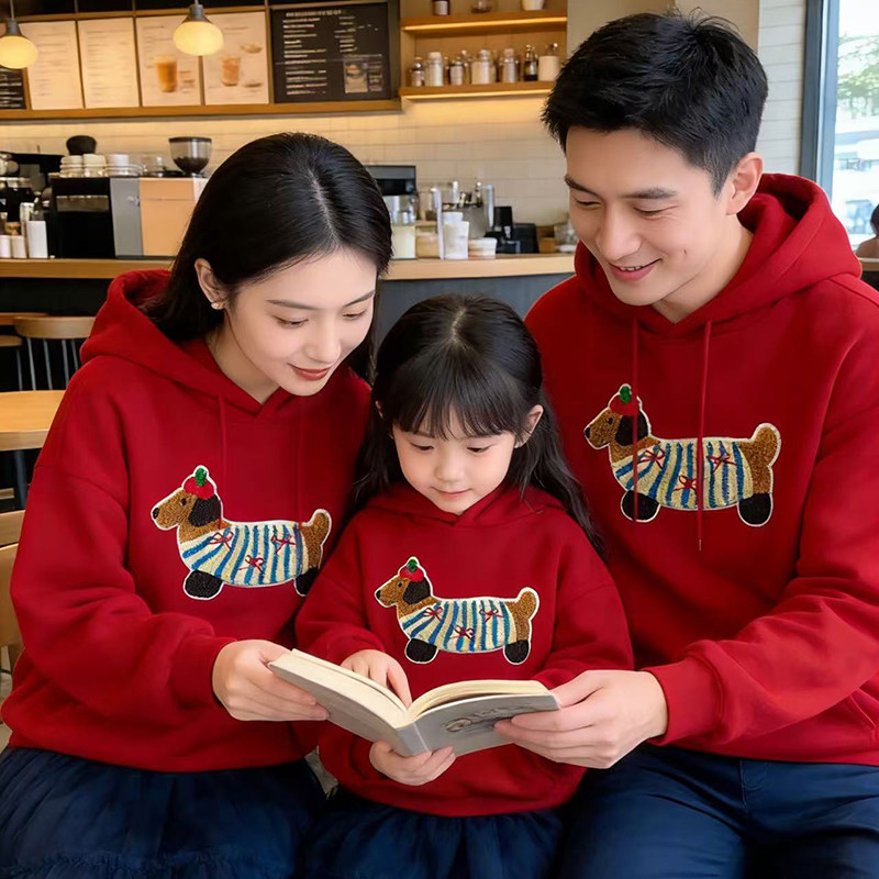 红色拜年服亲子装秋冬连帽加绒卫衣一家三四口全家装母子母女装潮