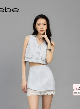 bebe2025春季女士含羊毛编织花边缀饰粗花呢背心马甲142002