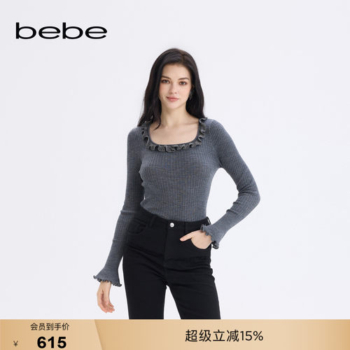 bebe女士纯色气质木耳边褶饰绵羊毛针织衫430501