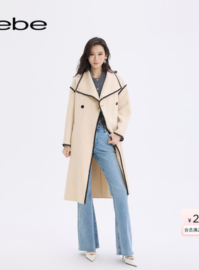 bebe2025秋冬新款女士高智淡人风翻领拼色含羊毛大衣372103