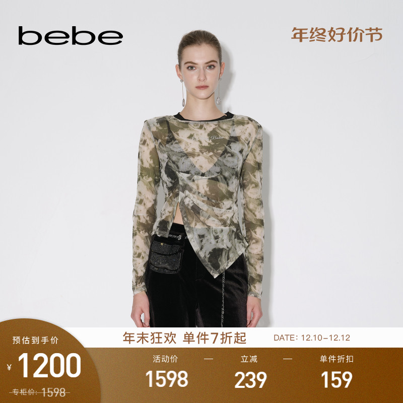 bebe2023秋冬新款女士印花透视不规则开衩设计感雪纺衫上衣380103