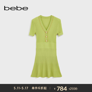 bebe秋冬系列女士气质小香风修身纯色V领针织连衣裙350017