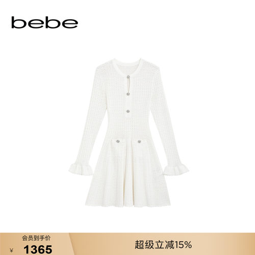 bebe2026冬季新款女士千金风提花肌理收腰喇叭袖A字针织连衣裙
