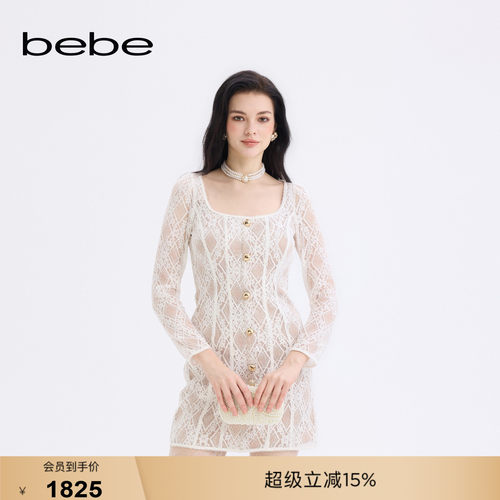 bebe女士千金风方领白色蕾丝收腰修身长袖连衣裙350006