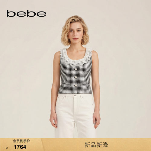 bebe2026秋季新款女士千金风珠片千鸟格色织立体蕾丝领上衣342002