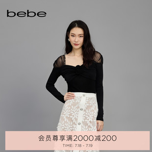 女士花朵褶皺鏈條綴飾針織梭織小衫 上衣180103 新款 bebe2025春季