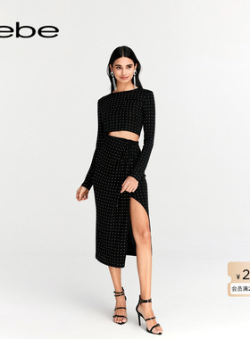 bebe秋季系列女士气质烫仿钻镂空抽皱连衣裙150014