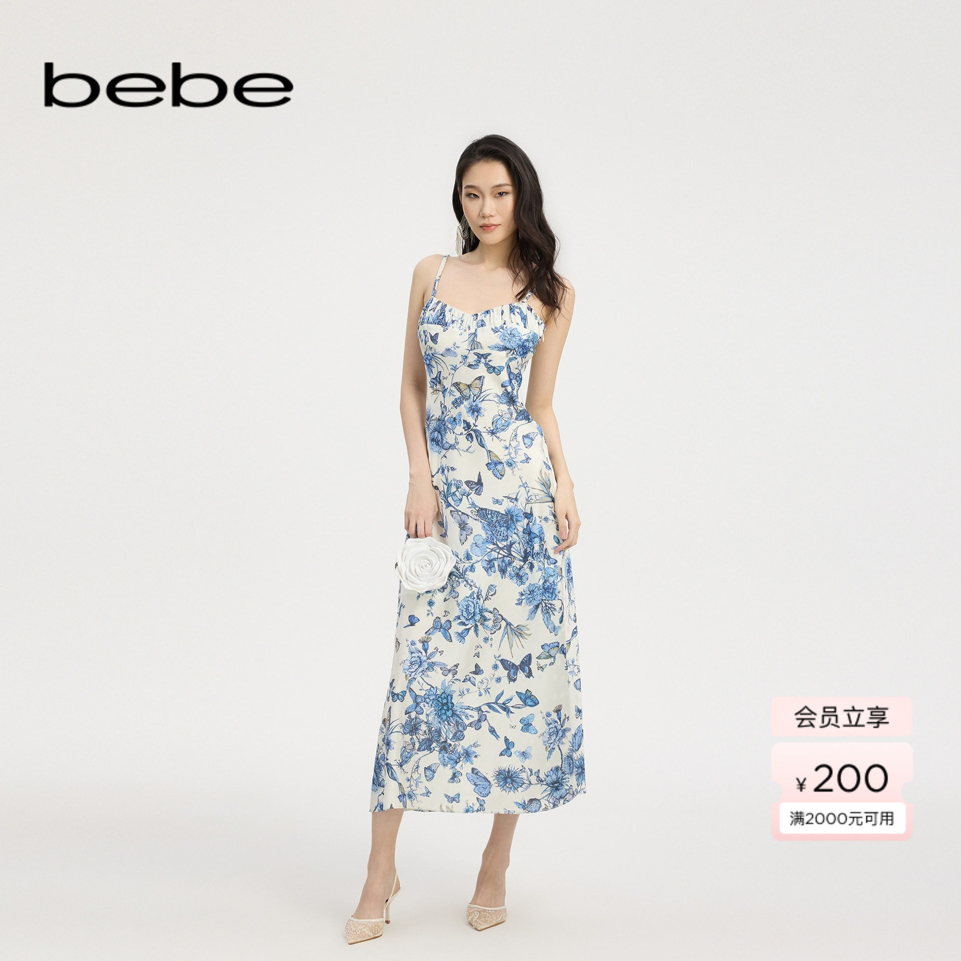 bebe春夏女士优雅千金风无袖抽皱蕾丝花边印花茶歇连衣裙250055