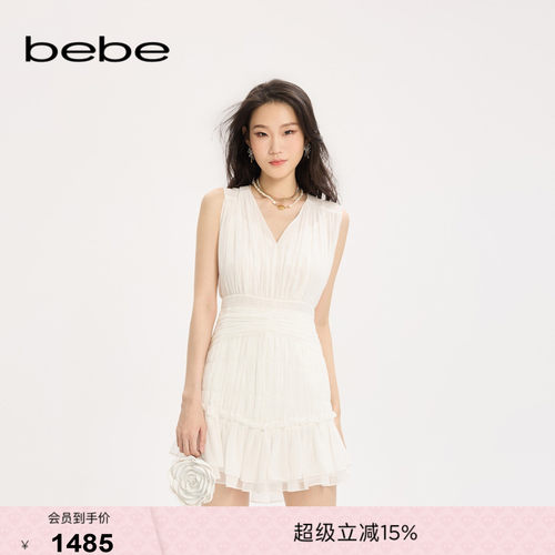 bebe春夏女士优雅千金风V领白色荷叶边无袖显瘦连衣裙250061