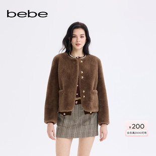 bebe2025秋冬新款 女士轻奢感百搭圆领直筒型毛绒感短外套402108