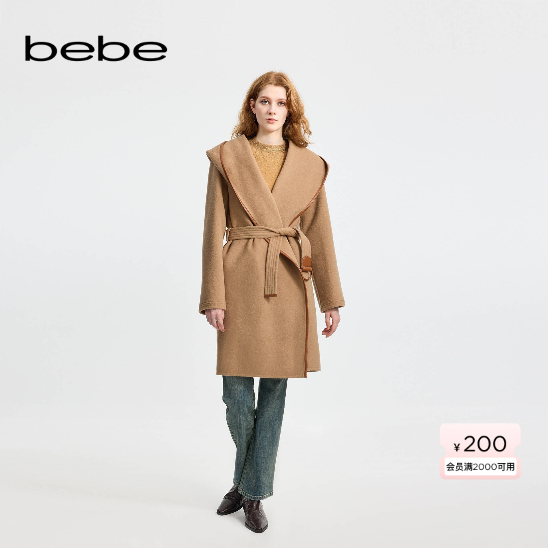 bebe冬季新款连帽双面呢大衣