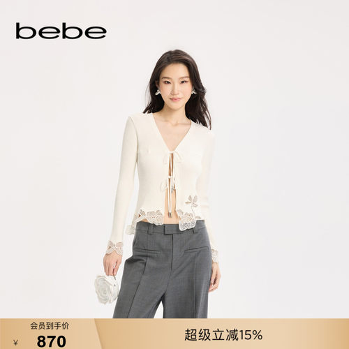 bebe2025秋冬女士风深V领镂空蝴蝶结绑带针织开衫上衣330608