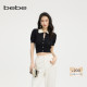 bebe2025夏季 翻领针织上衣230406 泡泡袖 新款 女士花边系带短袖