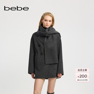 bebe冬季 472201 系列女士含羊毛休闲口袋双排扣大衣外套围巾套装