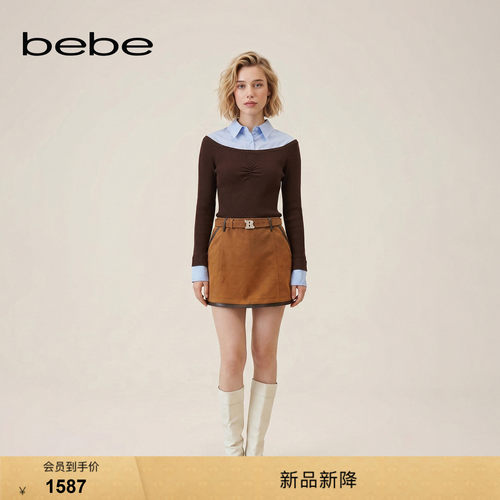 bebe2026秋季新款女士复古风仿麂皮绒柔软滚边高腰A字半裙320208