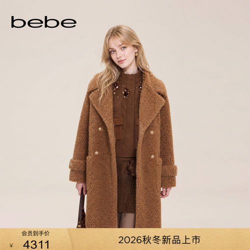 bebe2026冬季新款女士千金风泰迪绒翻领羊毛混纺大衣402106