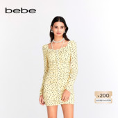 bebe春夏系列女士气质印花方领抽褶修身 短款 连衣裙150001