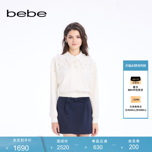 bebe2026春季新款女士含棉甜酷千金风绣花翻领polo领上衣140501