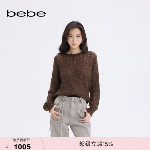 bebe新款女士镂空含羊毛圆领焦糖色微透针织上衣430520