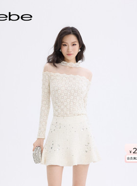 bebe2025秋冬新款女士小圆领蕾丝边微透气质知性风短款上衣480102