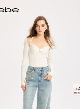 bebe2025秋季新款女士外层短坎加深V领吊带两件套针织上衣330501