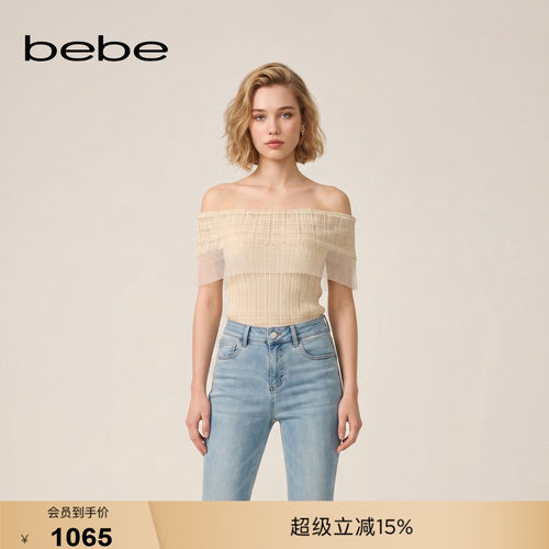 bebe2026夏季新款女士气质千金风修身一字肩针织上衣230104