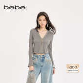 bebe2025秋季 330602 小香风针织开衫 新款 女士含有粘纤垂坠感喇叭袖