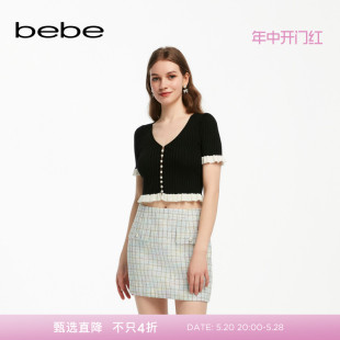 修身 bebe2024夏季 新款 女士薄款 撞色木耳边针织上衣230403