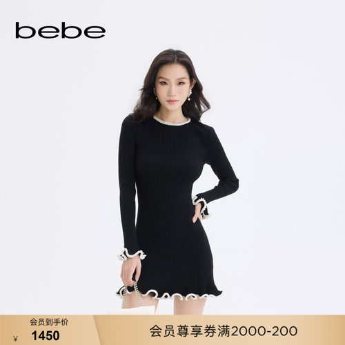 bebe秋冬女士圆领长袖修身花边设计气质风小黑裙430903
