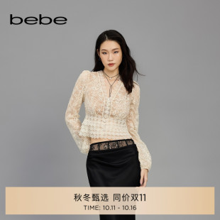 新款 bebe2025春季 纽扣缀饰波浪荷叶花边蕾丝上衣180106 波嬉风