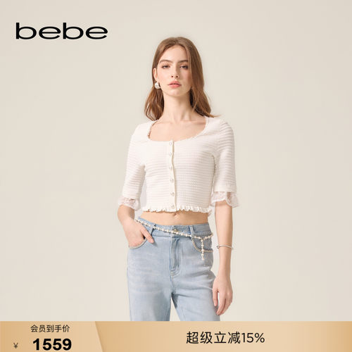 bebe2026夏季新款女士气质通勤风方领蕾丝泡泡袖针织开衫230605
