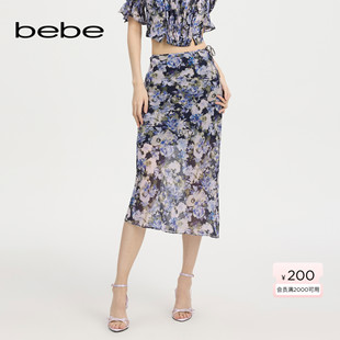 印花雪纺半身裙220115 女士优雅花卉系带捆裹式 bebe2025夏季 新款