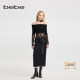 bebe冬季 系列女士气质配腰带口袋黑色长款 半身裙420004