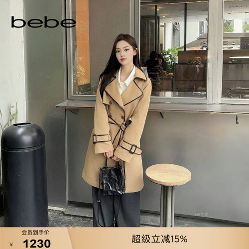 bebe春季新款撞色边风衣外套