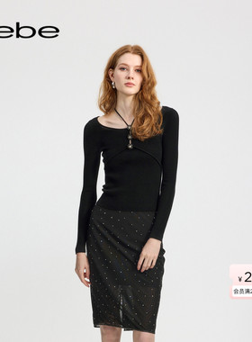 bebe冬季女士绵羊毛精美吸睛打底衫纽扣镂空挂脖针织上衣430514