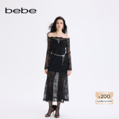 bebe2025秋冬新款 女士气质千金风喇叭袖 一字肩鱼尾礼服裙451004