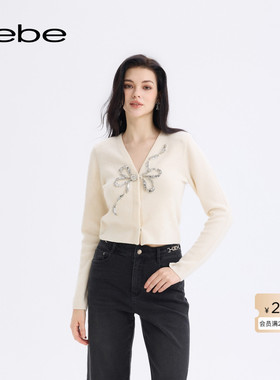 bebe2025秋冬新款绵羊毛V领修身显瘦蝴蝶结修饰针织开衫430611