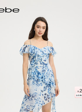 【明星同款】bebe2025夏季女士荷叶边吊带印花雪纺连衣裙250002